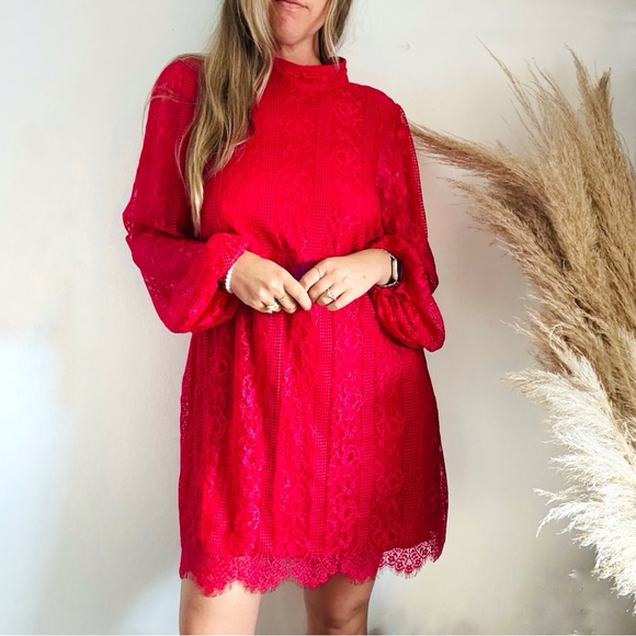 NEW MAEVE ANTHROPOLOGIE Raspberry Red Lace Open Back Sleeve $228 Mini Dress  16